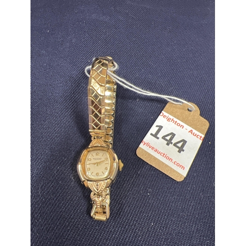 144 - LADIES ROTARY 9CT GOLD WATCH WITH ELASTICATED STRAP CTW 16GM