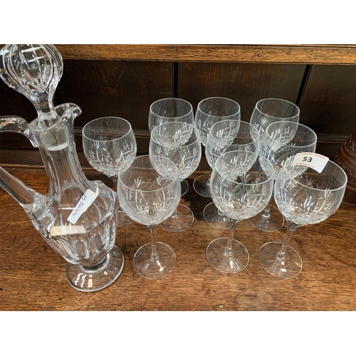 53 - GLASS DECANTER & 10 GLASSES