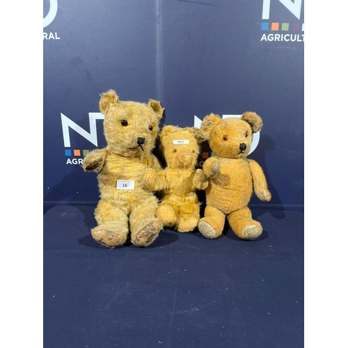 16 - THREE EARLY STRAW FILLED TEDDIES