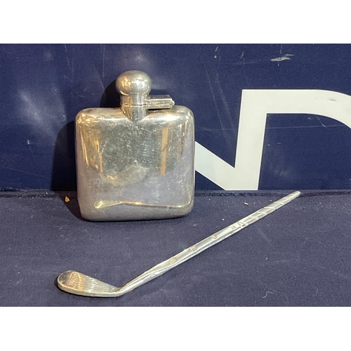 182 - HALLMARKED SILVER HIPFLASK AND NOVELTY GOLF CLUB