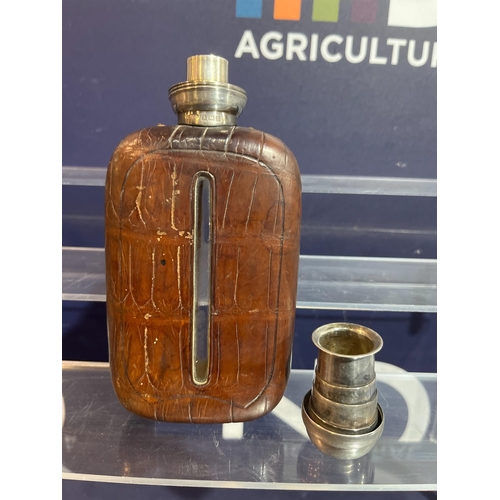 163 - SILVER CROCODILE LEATHER HIP FLASK AND BEAKER