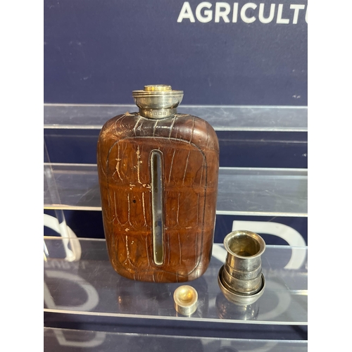 163 - SILVER CROCODILE LEATHER HIP FLASK AND BEAKER