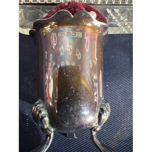 187 - SILVER TOPPED POT AND PIN CUSHION