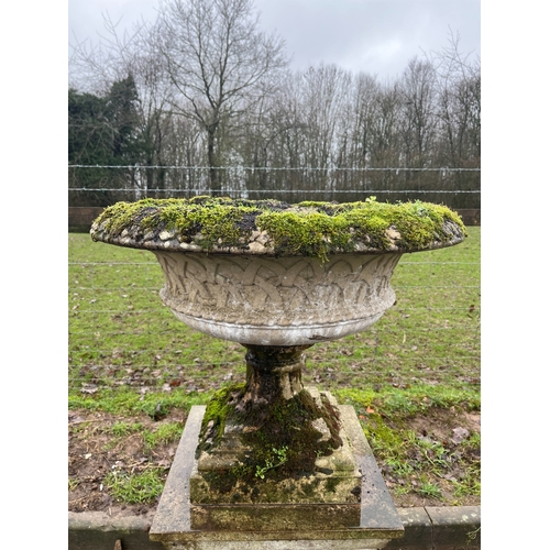 52 - LARGE HADDLE STONE URN ON PLINTH