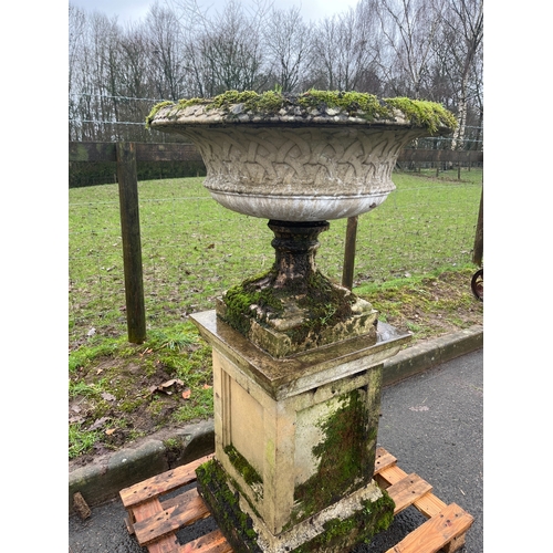 52 - LARGE HADDLE STONE URN ON PLINTH