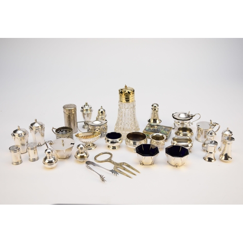 26 - A collection of silver cruets, comprising; a five piece cruet set, Charles S Green & Co Ltd, Birming... 