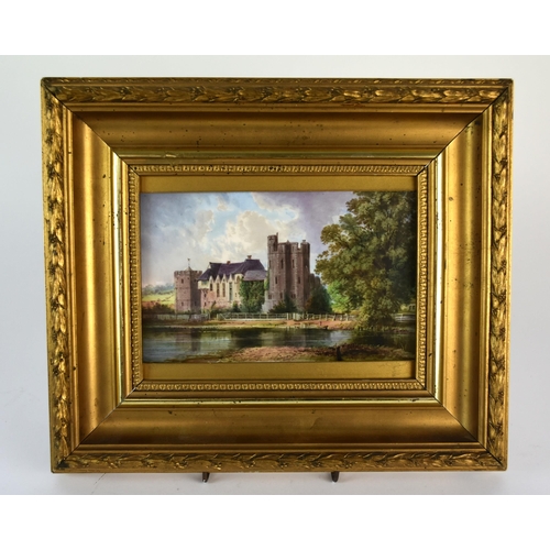 267 - An English porcelain plaque, late 19th century, painted with a scene of Stokesay Castle, signed J.Ev... 