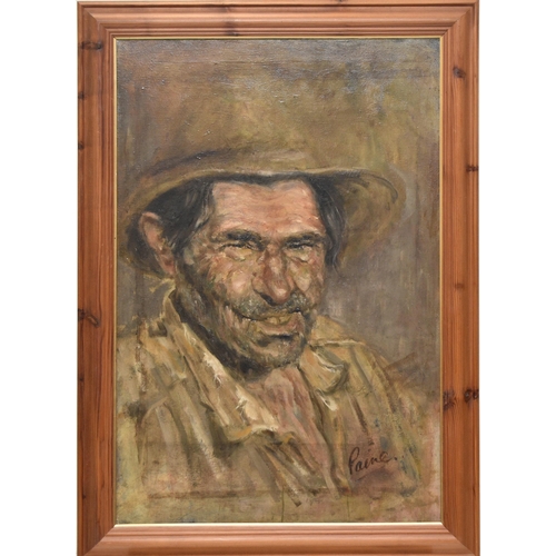 395 - Paine, British, 20th century, portrait of a workman, possibly a drover, signed lower right, oil on c... 