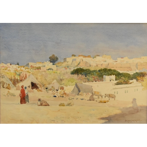 404 - Joseph Kirkpatrick (1872-1930/6) Bedouin Tents before a North African town, possibly Tangiers, signe... 