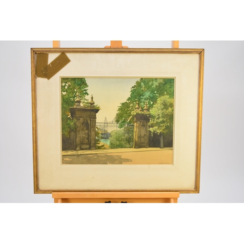 405 - William Dacre Adams (1864-1951) Gates of Trinity College, signed lower right, 38 x 48cm, frame 63 x ... 