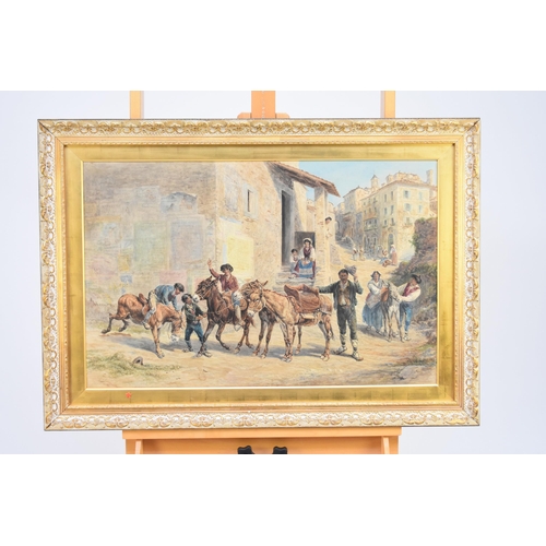 422 - Italian School (19th Century) Street Scene, a family trying to control restless Donkeys, watercolour... 