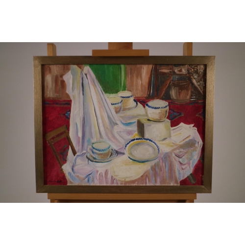 466 - Franklin White (Australian 1892-1975) Still Life Study, Teacups and Saucers, signed lower left, oil ... 