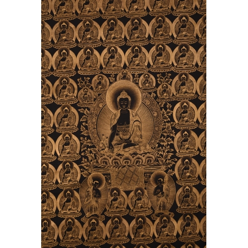 494 - A Bhutan Thangka, 20th century Painted in gold on a black ground with a central seated Buddha surrou... 