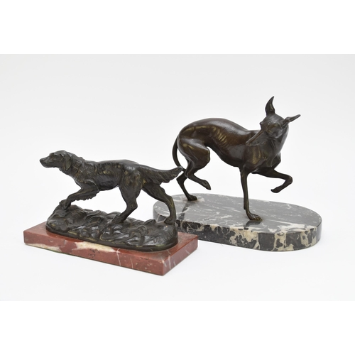 502 - Manner of Pierre-Jules Mene (1810-1879), a bronze model of a whippet, set on a grey Siena marble bas... 