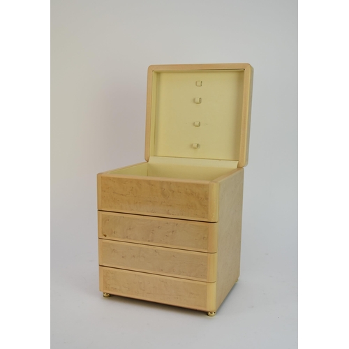 508 - An Agresti burr maple jewellery box, with top hinged cover enclosing a leather-lined fitted interior... 