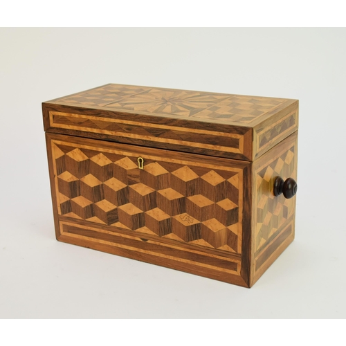 509 - A 19th century parquetry and rosewood tea caddy, early 20th century, with turned carrying handles, t... 