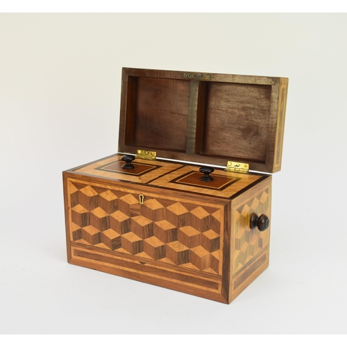 509 - A 19th century parquetry and rosewood tea caddy, early 20th century, with turned carrying handles, t... 