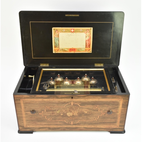 520 - A late 19th century Swiss inlaid rosewood music box, the case inlaid with marquetry flowers and foli... 