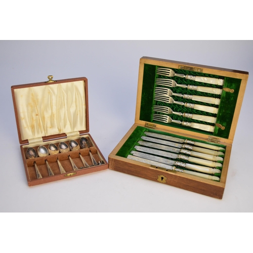 55 - A Victorian cased set of twelve mother of pearl handled silver fruit knives and forks, Watson & Gill... 