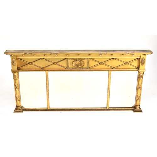 578 - A Regency revival giltwood and gesso three-glass overmantel mirror, 151cm wide x 71cm high.