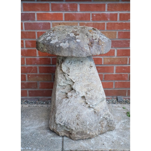 587 - Two antique cut weathered limestone staddle stones and caps