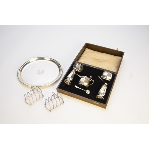 6 - A cased set of silver cruets, Barker Brothers Silver Ltd, Birmingham 1955 & 1956, comprising; two sa... 