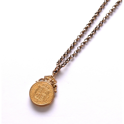 63 - A Victorian coin set pendant on chain, the yellow metal chain with bolt ring clasp stamped '9ct', to... 