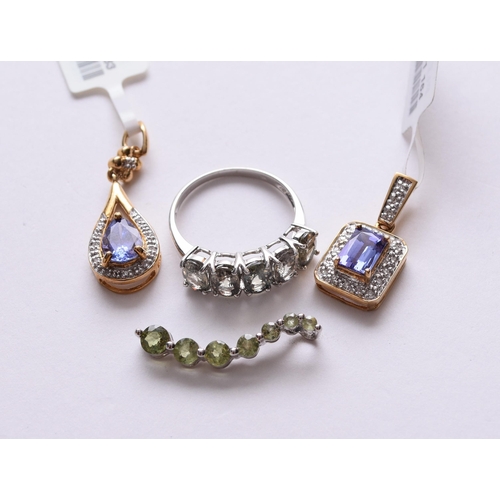 82 - Two 9ct gold tanzanite and diamond pendants, together with a 9ct white gold five stone colour change... 