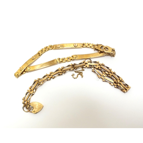 98 - A 9ct gold bracelet, with stylised rivit links, together with a 9ct gold gate link bracelet, total w... 