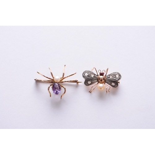 106 - A diamond, ruby and cultured pearl insect brooch, not stamped, together with an amethyst and single ... 