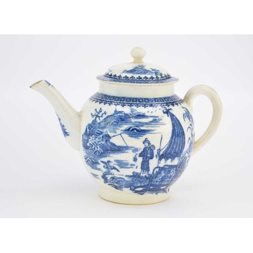 1 - A Caughley 'Fisherman' or 'Pleasure Boat' teapot and cover circa 1785-90 of globular form with a rid... 