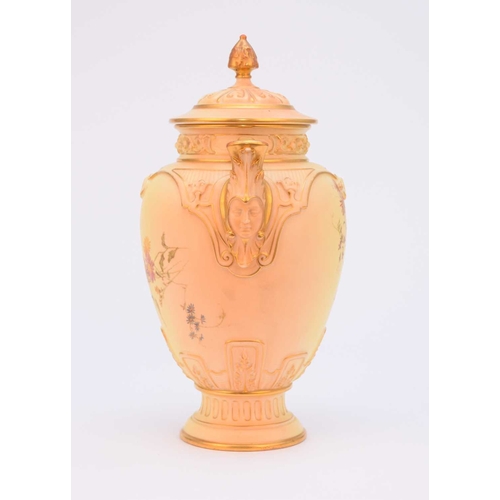 141 - A Royal Worcester blush ivory vase and cover, dated 1894, printed and hand-coloured with flowers, sh... 