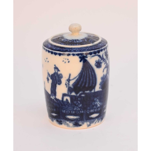 17 - A Caughley 'Fisherman' tea canister, circa 1785, with a matched pearlware cover, transfer-printed in... 