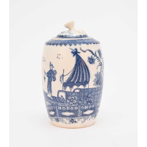 27 - A Caughley 'Fisherman' tea canister and cover, circa 1780-85, transfer-printed in underglaze blue, p... 