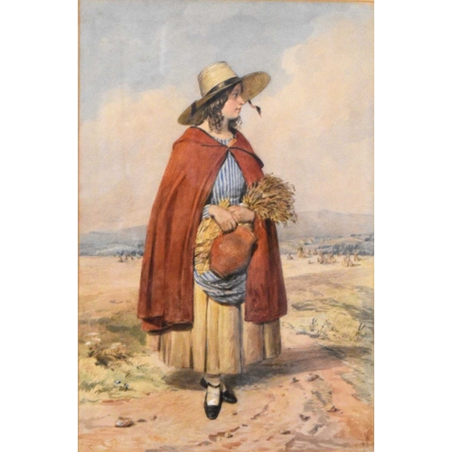 287 - Octavius Oakley (1800-1867) Girl in a red cloak stood in a wheat field and straw hat carrying a whea... 