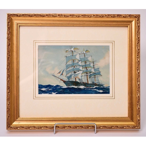 317 - Attributed to Wilfred Knox (1884-1966) Three Masted Ship at sea, gouache, 12 x 17.5 cm, frame 28.5 x... 