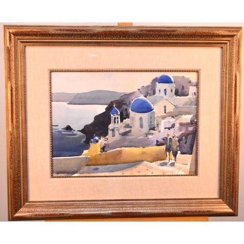 321 - Paul Rafferty (b.1965) Blue Domes, Santorini, signed lower right, watercolour, 35 x 49 cm, frame 65 ... 