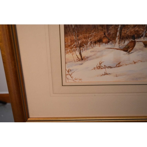 323 - Neil Cox (b.1950) Group of Pheasants in a Snowy Woodland Landscape, signed lower left, watercolour, ... 