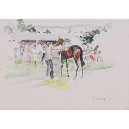 328 - Jonathan Trowell (1938-2013) Horses and Jockeys preparing to race, believed to be Newmarket, signed ... 