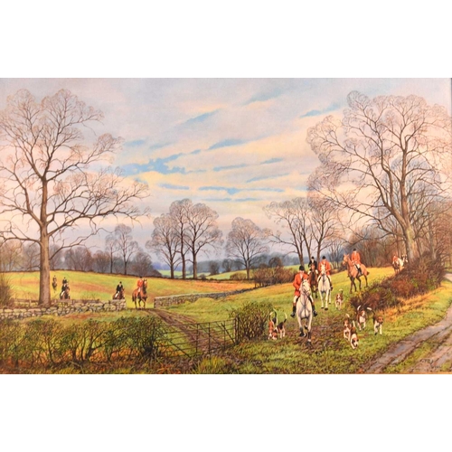 338 - Paul Morgan (British 20th Century) Large Hunting Scene showing riders and hounds approaching a field... 