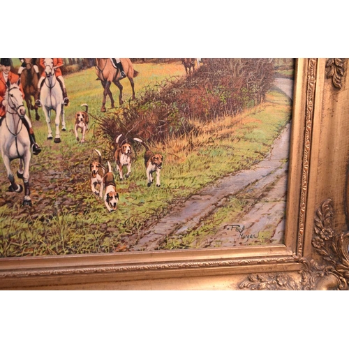 338 - Paul Morgan (British 20th Century) Large Hunting Scene showing riders and hounds approaching a field... 