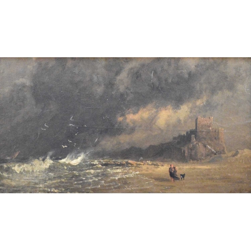 344 - Attributed to John Mogford (1821-1885) Bamborough, woman and dog walking on the beach with stormy se... 