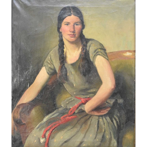 352 - Continental School (19th-20th Century) Portrait of a Seated Young Woman with Braided Hair, oil on ca... 