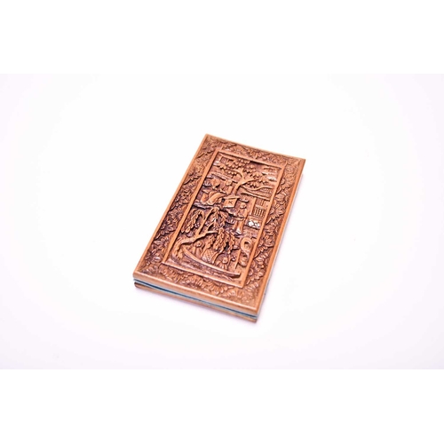 354 - A Chinese carved sandalwood calling card case, together another smaller and two Indian carved wood c... 