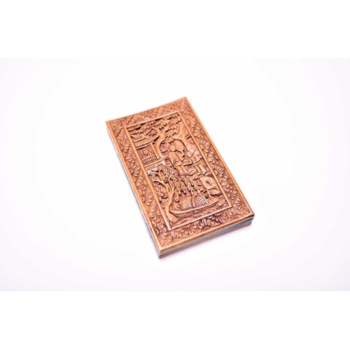 354 - A Chinese carved sandalwood calling card case, together another smaller and two Indian carved wood c... 