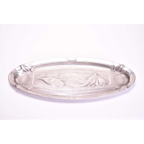 363 - A WMF elecroplated card tray Of leaf form with relief moulded stylised rushes and scroll handle, rai... 