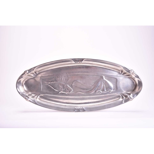 363 - A WMF elecroplated card tray Of leaf form with relief moulded stylised rushes and scroll handle, rai... 