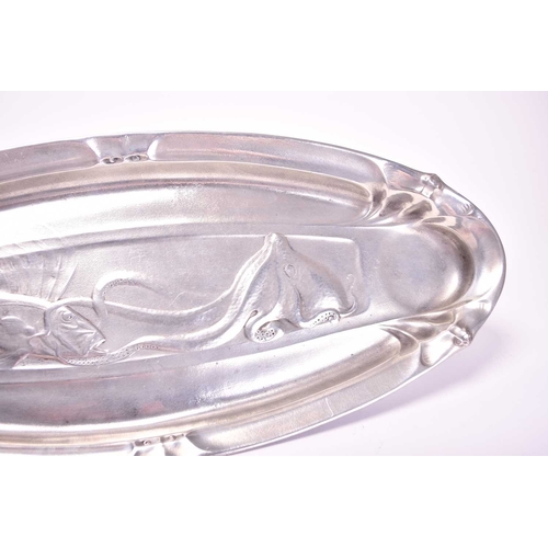 363 - A WMF elecroplated card tray Of leaf form with relief moulded stylised rushes and scroll handle, rai... 