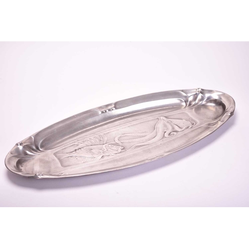 363 - A WMF elecroplated card tray Of leaf form with relief moulded stylised rushes and scroll handle, rai... 