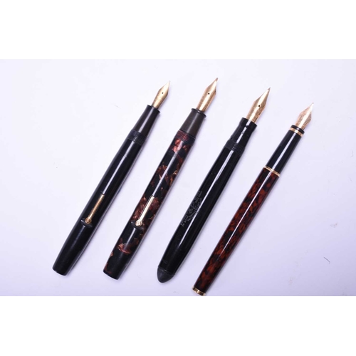 386 - Four vintage fountain pens Including: Swan Mabie Todd leverless, black; Conway Stewart No.55, red ma... 